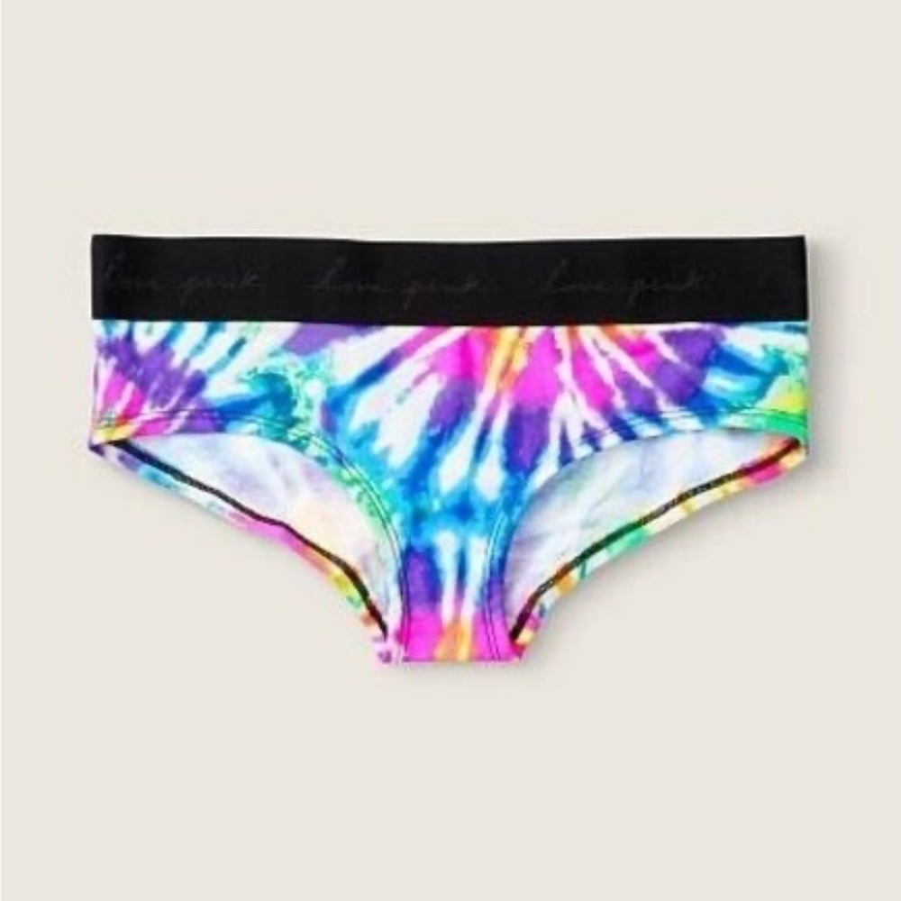 Victoria's Secret PINK Logo Script Hipster Panty Optic White Tie Dye Medium NEW